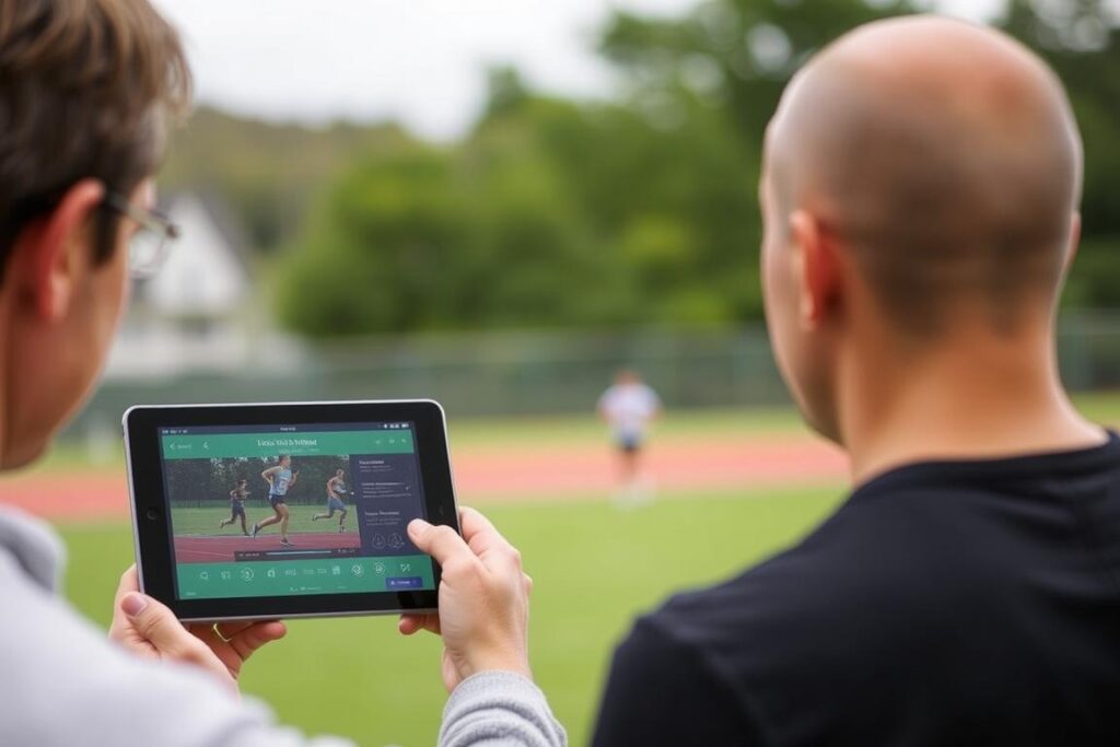 Coach providing video analysis feedback to runner on tablet