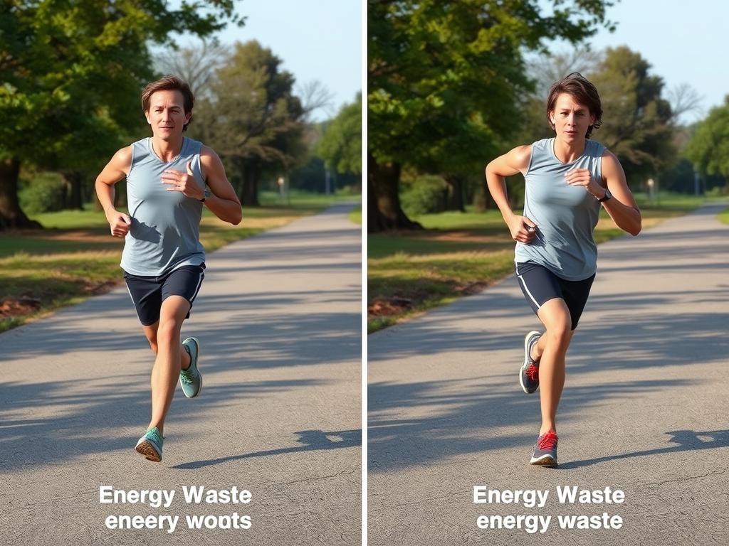 Comparison of efficient vs inefficient running form showing energy conservation