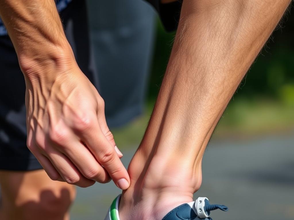 Runner checking Achilles tendon for signs of Achilles Tendonitis in runners Runner checking Achilles tendon for signs of Achilles Tendonitis in runners