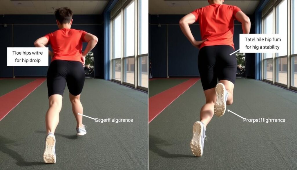 Runner demonstrating hip drop issue versus proper hip stability