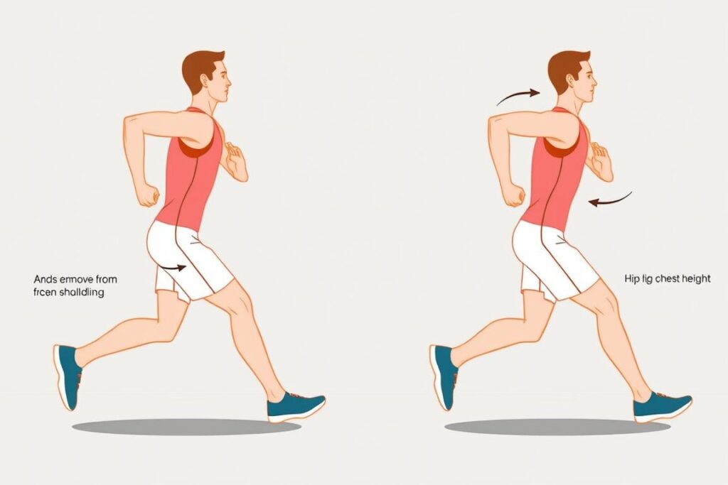 Runner demonstrating proper arm swing technique during running stride