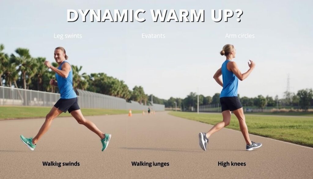 Runner performing dynamic warm-up exercises before running