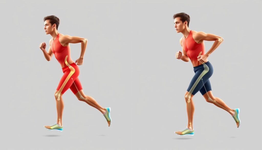 Runner with proper form compared to runner with poor form showing biomechanical differences
