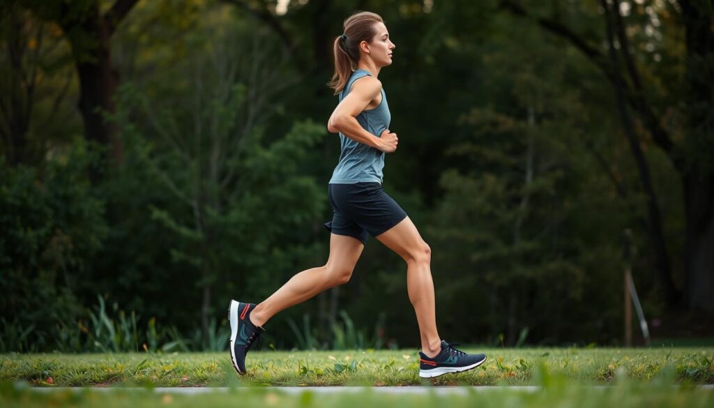 Runner with proper form demonstrating good posture and stride length