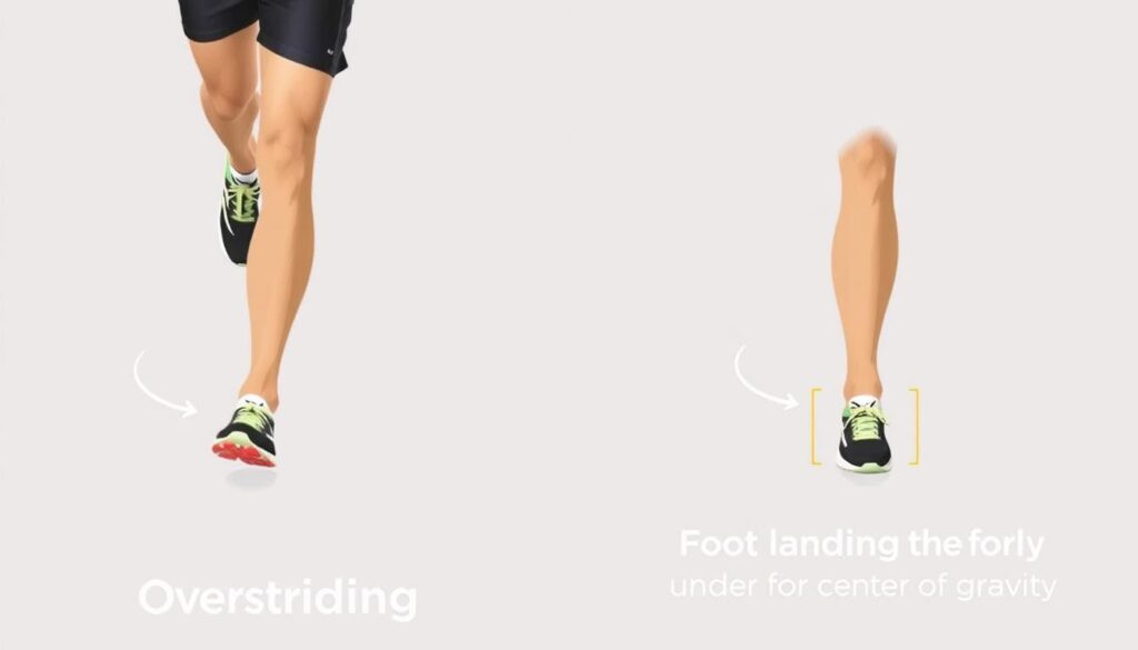 Side view comparison of overstriding versus proper foot landing position