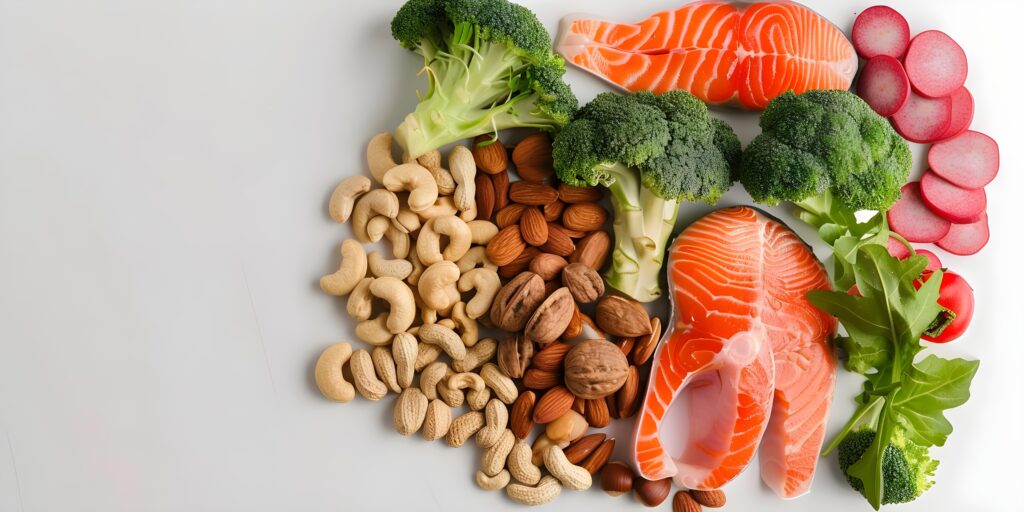 Nutritious brainboosting foods like nuts fish and vegetables for optimal health. Concept Brain Health, Nutritious Foods, Superfoods, Healthy Eating, Optimal Health