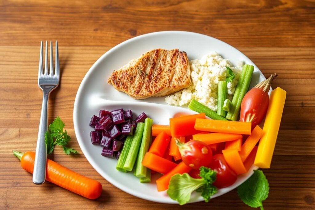 Balanced plate showing proper proportions of protein, complex carbs, and vegetables for tendon healing