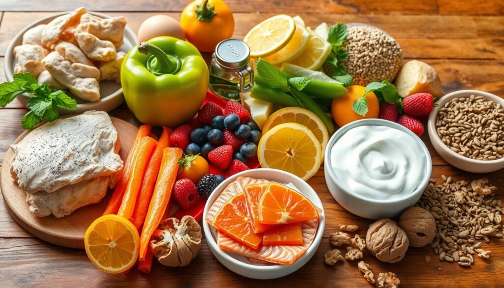 Foods that support tendon healing including protein-rich foods, colorful fruits and vegetables, and omega-3 sources