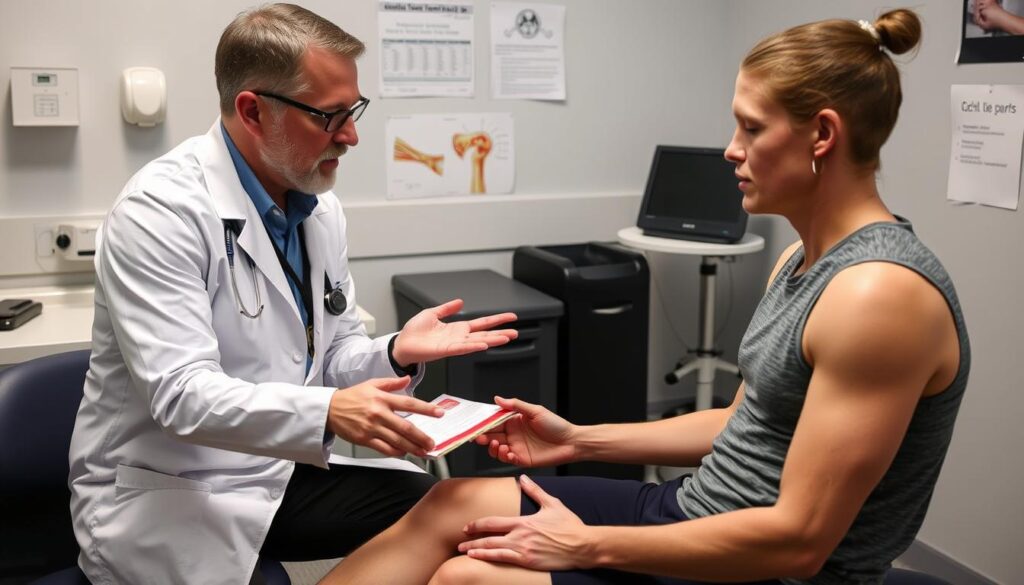 Person consulting with healthcare professional about Achilles tendinopathy treatment options