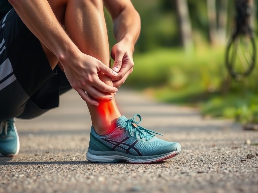 Runner examining painful Achilles tendon area
