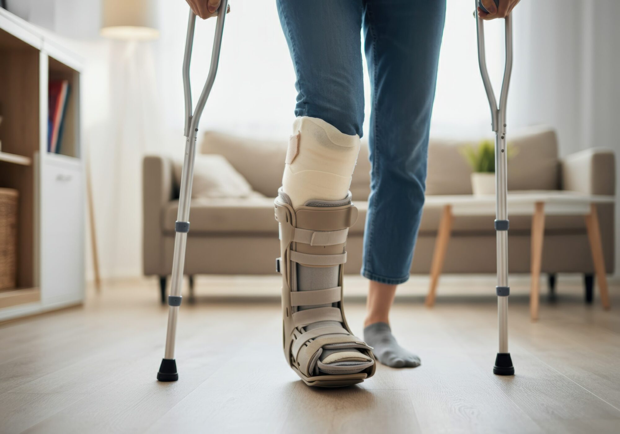 Person using crutches while wearing a protective boot on their foot for achilles tendon recovery